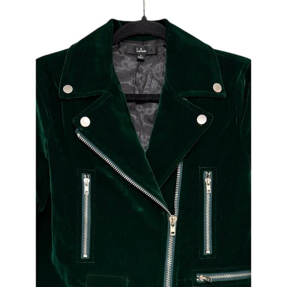 Lulu’s Dark Green Velvet Moto Jacket Zip Up Biker Coat Size Small - Picture 4 of 10